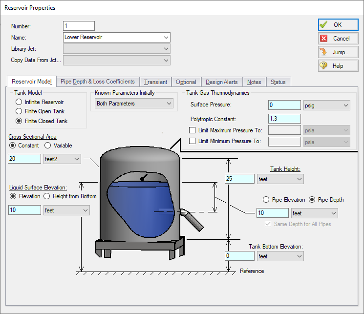 The Reservoir Properties window with Finite Closed Tank chosen as the Tank Model